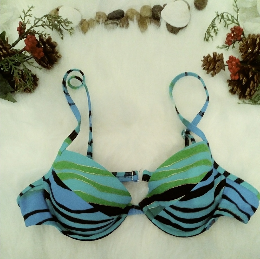 Striped Blue and green 2 piece skirt swimsuit - Picture 2 of 6